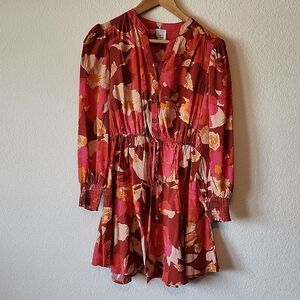 Cozy Co. Long-Sleeved Flowered Feminine V-Neck Dress Flouncy Women's Small